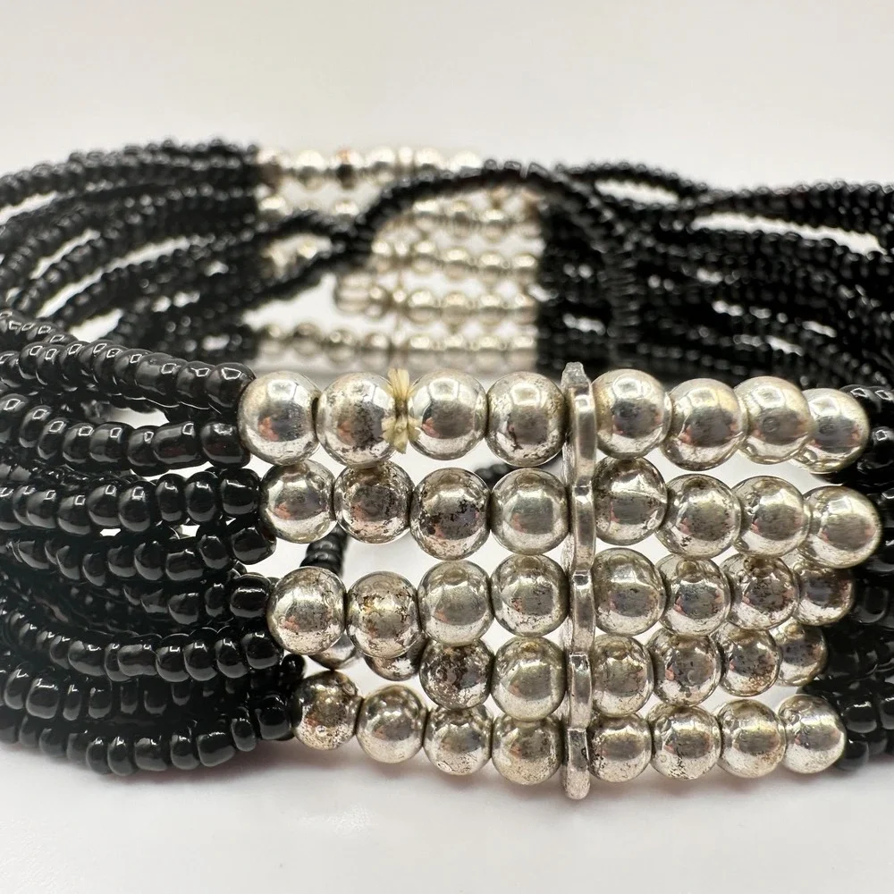 Vintage Y2K Black Beaded Multi-Strand Bracelet Silver‎ Tone Statement Jewelry